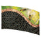 hybrid color guard flag with section of black with gold geometric shapes and a section of bees on a flower with green background separated by gold strip
