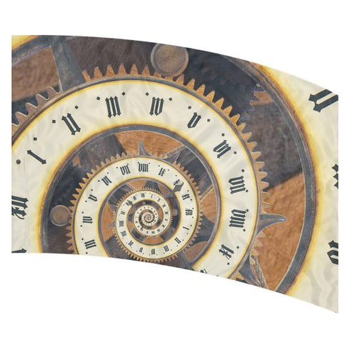 print on demand color guard flag with Ivory, copper, and bronze spiraling clock and gears