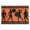 Rectangular flag with an ancient Greek-style design showing four black-figure warriors in combat poses on an orange background, bordered by black geometric patterns