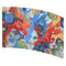 Arc-shaped printed flag with a bold, abstract design featuring layered theatrical masks, swirls, and brushstroke textures in red, blue, yellow, green, and black.
