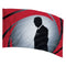 man in suit silhouette on grey background with red swirls printed color guard flag