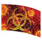 red background with orange viruses and biohazard symbol printed color guard flag